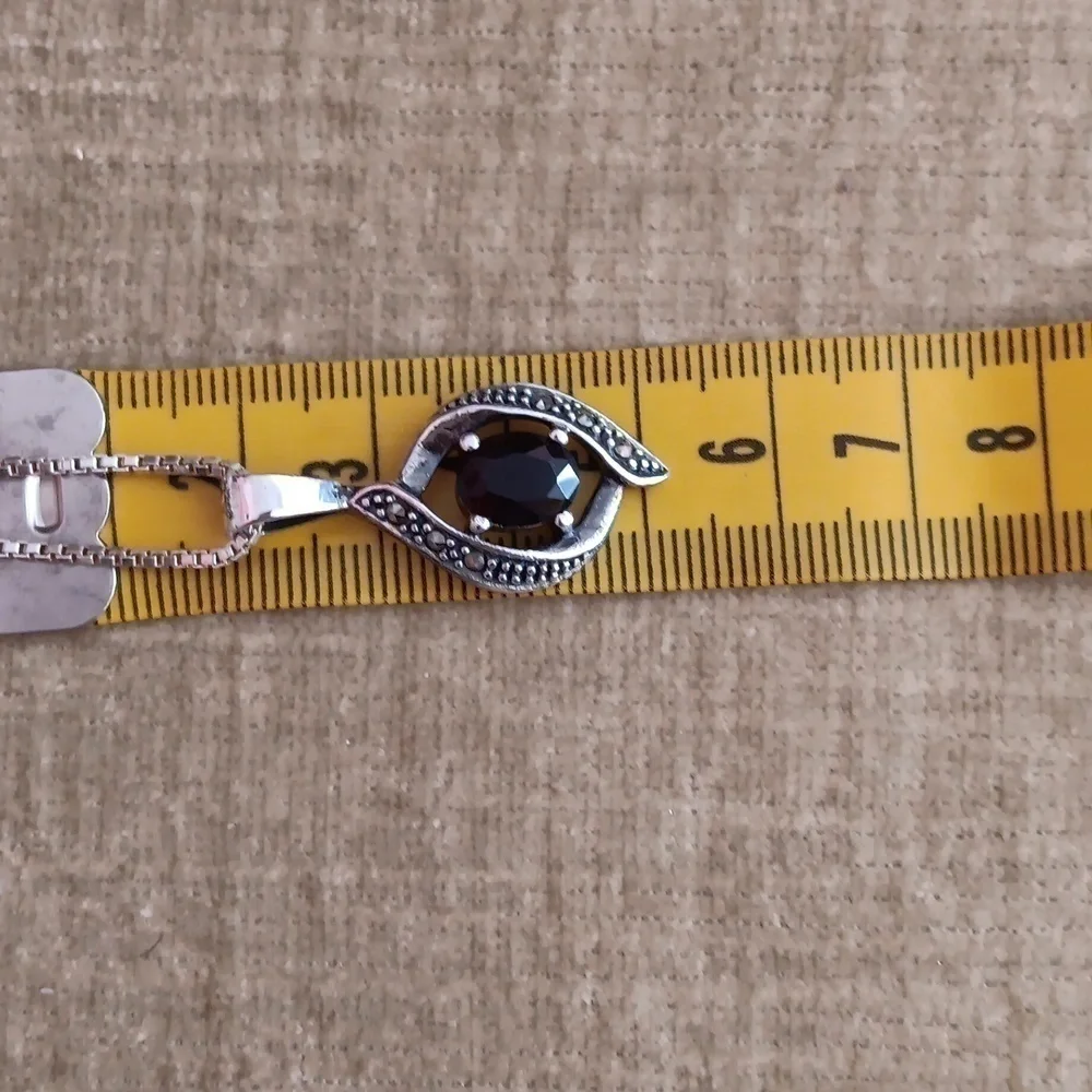 Sterling Silver Box Chain Glass Red Stone Marcasite Pendant Necklace